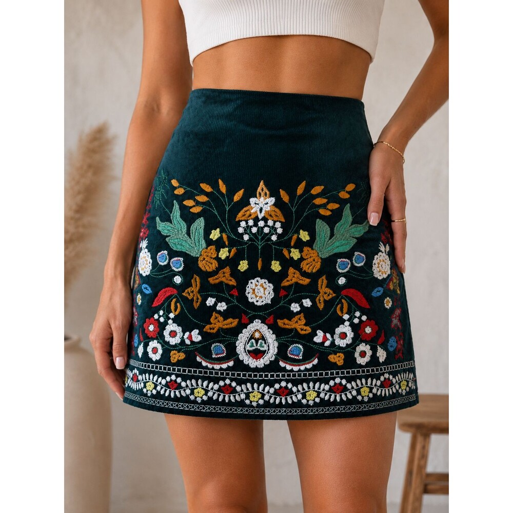Simplee Embroidered Corduroy Mini Skirt Floral Boho Cottagecore Green M NWT